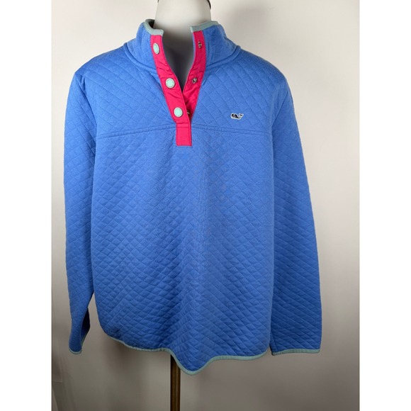 Vineyard Vines Sweaters - Women's Vineyard Vines Quilted Pullover Shirt Blue Pink Snap Mock Neck Size XL